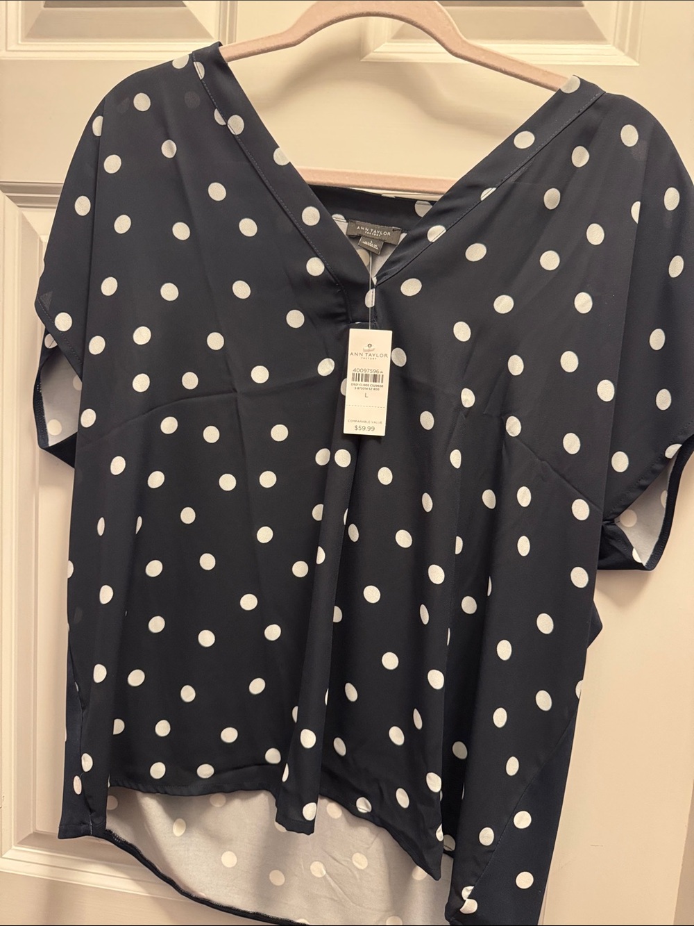 Ann Taylor Navy Polka Dot V-Neck Blouse